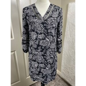 Banana Republic Paisley Print Dress V-Neck 3/4 Sleeve Black White Boho Chic‎ 2
